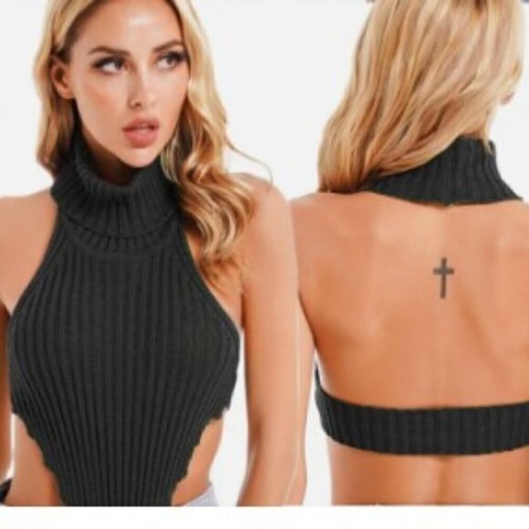 NEW BACKLESS KNIT TURTLE NECK CROP TOP - Picture 3 of 16